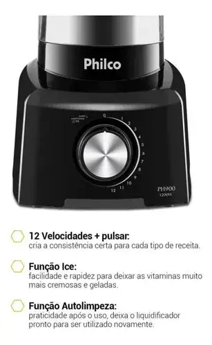 Liquidificador Com 12 Velocidades 1200W Cor Preto Philco - Miniatura 5