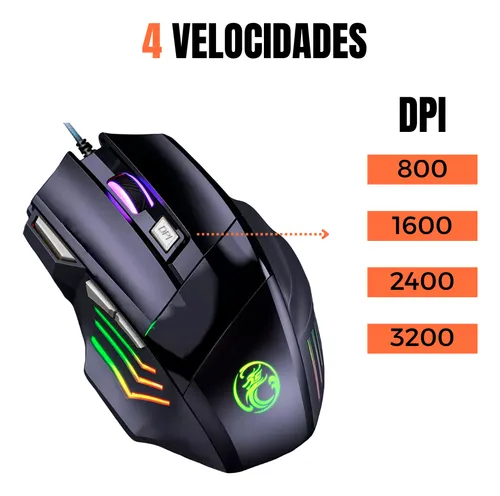 Mouse Gamer Para Jogo 3.200 Dpi Óptico Com Led Rgb Usb 7 Botões 4 Velocidades Dpi Ergométrico Casenn Preto - Miniatura 5